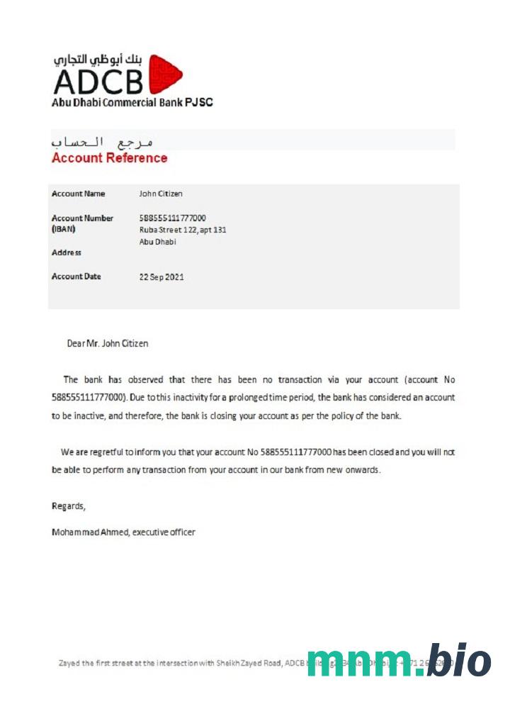 Przykład odniesienia do zamknięcia banku ADCB w formatach Word i PDF